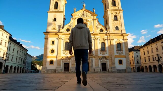 Tourist walking towards a baroque church in a European city square under a bright blue sky during daytime