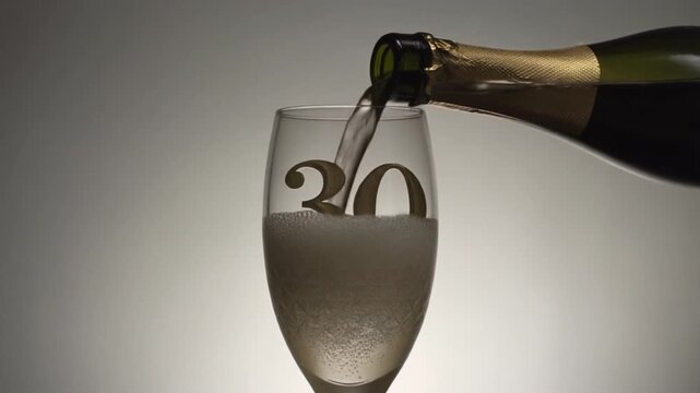 Glass engraved with the number 30. Champagne bottle fills the glass with alcohol. Celebrating milestone, anniversary or birthday