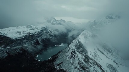 Snowy mountain range shrouded in mist.