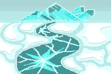 Crystal and frost fractures with textures cracked floor in ice world aesthetics, Winter snow landscape pixel.
