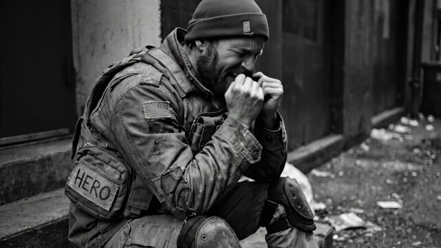 Distressed man in military uniform with hero patch sitting on stairs, experiencing emotional hardship and grief