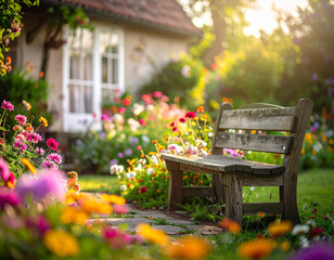 Naklejka premium Stary dom i magiczny ogród kwiatowy