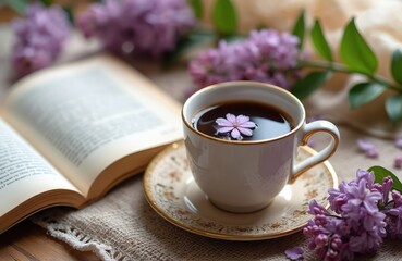 Open book rests beside cup of coffee with lilac flower floating on top. Purple flowers and warm cloth complete cozy scene. Morning beverage and reading for relaxation.