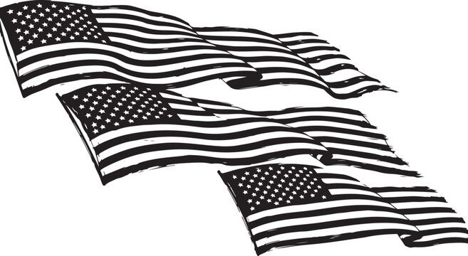 Multiple Waving American Flags in Black and White Silhouette United States