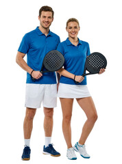 smiling couple, padel player team with rackets isolated on white or transparent background