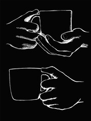 Black and white drawing of a coffee cup handle, vector illustration