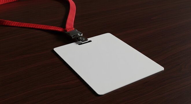 Vertical Blank Identity Card Mockup Template Red Lanyard on Wooden Table