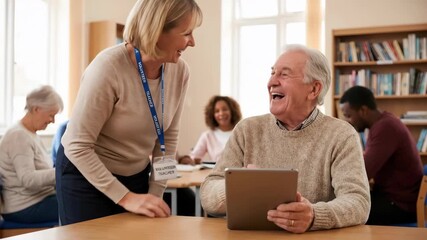 Volunteer teacher helps senior man with tablet in library, a digital literacy concept for adult learning class.