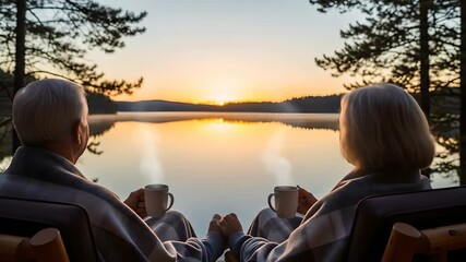 Senior couple holding hands, enjoying a serene sunrise over a lake, sipping steaming coffee. Perfect for retirement living, romantic getaways, wellness, and tranquil nature escape promotions.