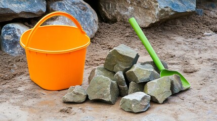 Small pile of rocks beside bright orange bucket and green shovel on sandy surface, perfect for children's playtime and outdoor activities