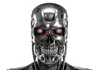 Metallic android endoskeleton head features glowing red optical sensors against a plain background
