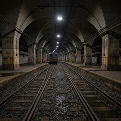 Gloomy Abandoned Subway Station Platform With Arched Ceilings and Old Train Tracks Under Dim Lighting