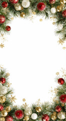 Fondo navide&ntilde;o vertical pintado con ramas de abeto, bolas rojas de navidad, flores y otros adornos sobre fondo blanco con espacio vacio para felicitaciones y anuncios