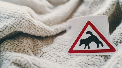 Warning pet sign beside a soft baby blanket isolated on a neutral topaz background, creating a cozy and safe atmosphere for pet lovers and families
