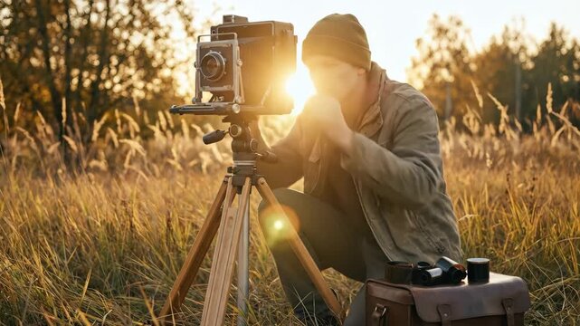 Caucasian man photographer adjusting large format camera on tripod in golden field, looking into viewfinder, and waiting for light.