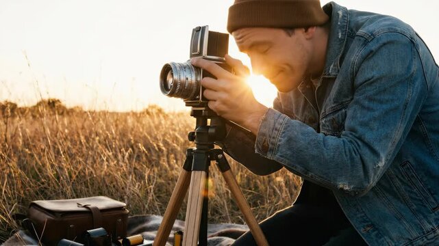 Man photographer taking picture with vintage camera on tripod in a dry field at sunset, professional outdoor photography process concept