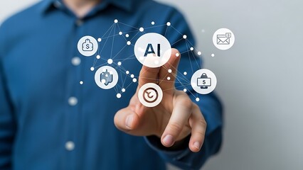 Businessman's hand presses a digital button on a virtual screen for future business and network success concept