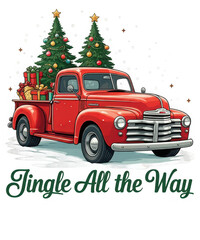 Illustration of vintage red pickup truck carrying two christmas trees and gifts, jingle all the way text, isolated on transparent background