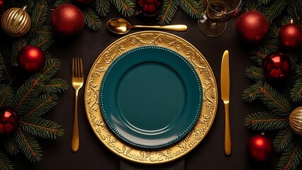 Elegant christmas dinner setting with gold cutlery and ornaments on dark table