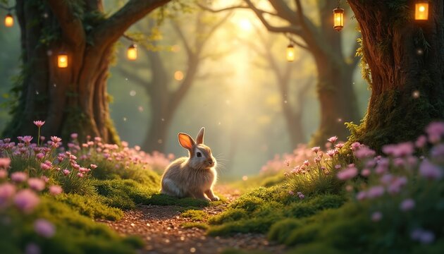 Rabbit sits in enchanted forest with pink flowers mossy trees. Lanterns hang from branches illuminating magical woodland. Spring easter scene with bunny in dreamy fairytale garden landscape.