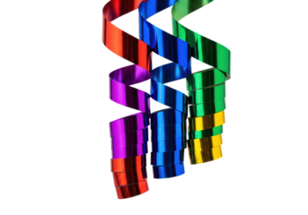 close-up of high-gloss, iridescent metallic foil streamers in a dynamic cluster (red, purple, blue, gold, green), isolated on transparent background. Commercial product shot aesthetic