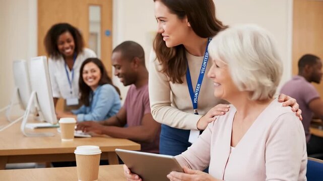 Woman volunteer teaching an older woman to use a digital tablet while others learn computers in a classroom community center