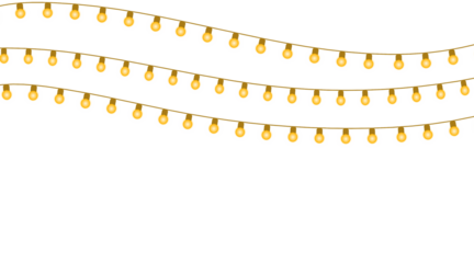 Three rows of glowing yellow string lights on black background