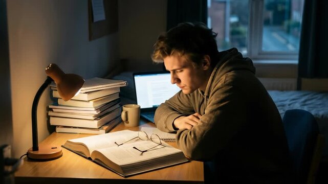 Young man studying late at night feeling stressed, falling asleep, then resting his head on his desk by a small lamp