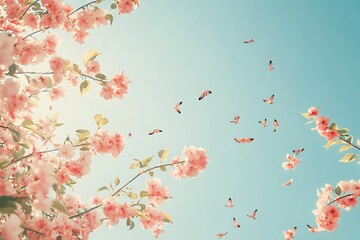 Blooming orchard trees with soft petals, scattered birds flying under a clear blue sky 