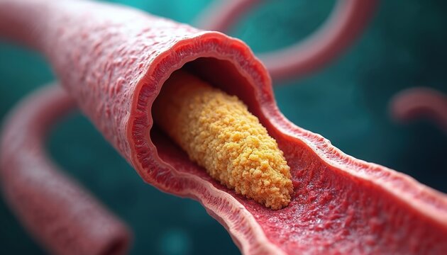 Close-up view of a clogged artery section. Fatty plaque buildup narrows blood vessel passage. Medical illustration shows vascular disease and circulatory system issue.