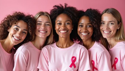 Five smiling women wear pink shirts with ribbons symbolizing breast cancer awareness. They show solidarity and hope in support of the cause. Diverse females stand together for unity.