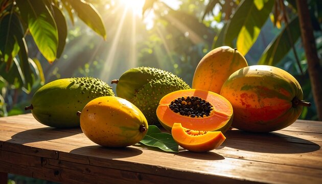 Tropical Fruits on Wooden Table Under Sunlight.