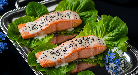 Two salmon fillets with white sauce and sesame seeds on lettuce