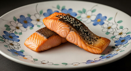 Two grilled salmon fillets with sesame seeds on a floral plate