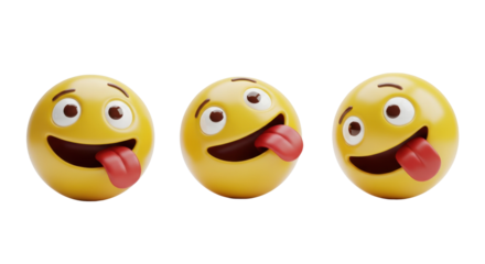 three glossy yellow 3d emojis licking lips with red tongues, displaying hungry anticipation, rendered in a commercial product photography style on a transparent studio background. concept for food