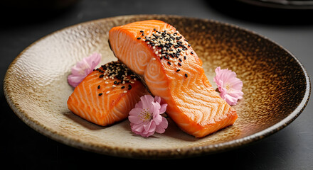 Two salmon fillets with sesame seeds and pink flowers