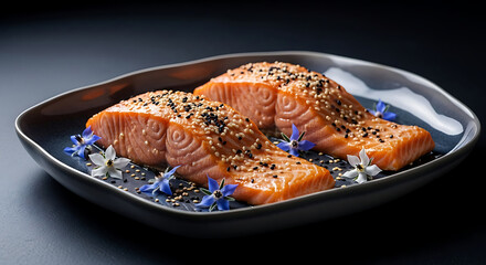 Two salmon fillets seasoned with sesame seeds on a dark plate with blue and white flowers