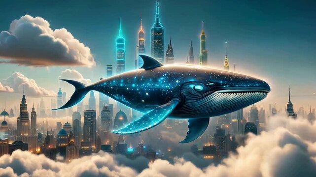 Whale swimming through clouds above futuristic city.