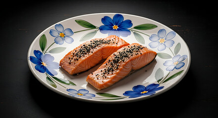 Two salmon fillets with sesame seeds on floral plate