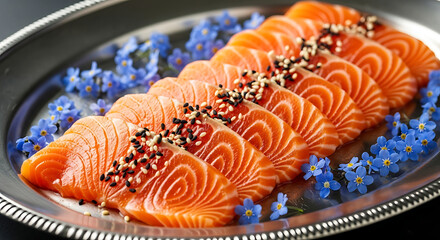Sliced raw salmon with sesame seeds and blue flowers