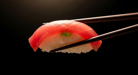 Tuna Nigiri Sushi Held by Chopsticks Against Black Background