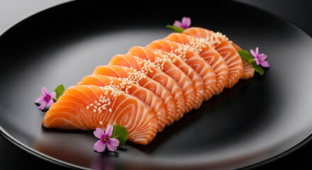 Sliced salmon sashimi with sesame seeds and purple flowers on black plate