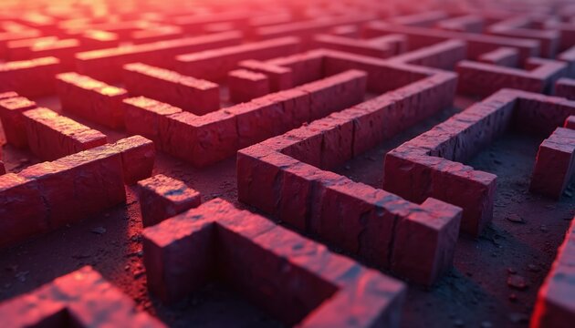 Complex red, purple brick maze, intricate puzzle path with tight turns. Abstract textured labyrinth walls create difficult choices, challenges. Solution way is hard to find in this intricate design.