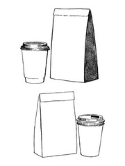 Sketch drawing of a coffee cup and a paper bag for coffee beans, line drawing, jumping, vector illustration
