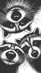 Naklejka premium three raccoons peering downward with wide-eyed expressions, ideal for humor or wildlife themes sketch engraving generative ai raster illustration. Scratch board imitation. Black and white image.