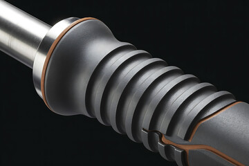 Close up view of a metal component with textured grip and metallic ring detail against a dark background showing industrial design and engineering precision