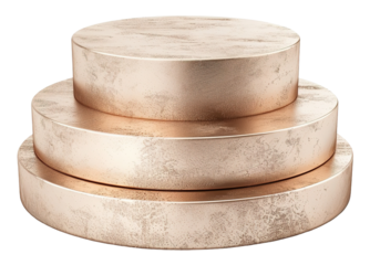 A gold metallic podium with three levels. It is cut out on a transparent background, suitable for presentations, awards, or displays