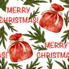 Merry christmas pattern with gift bags and pine branches.