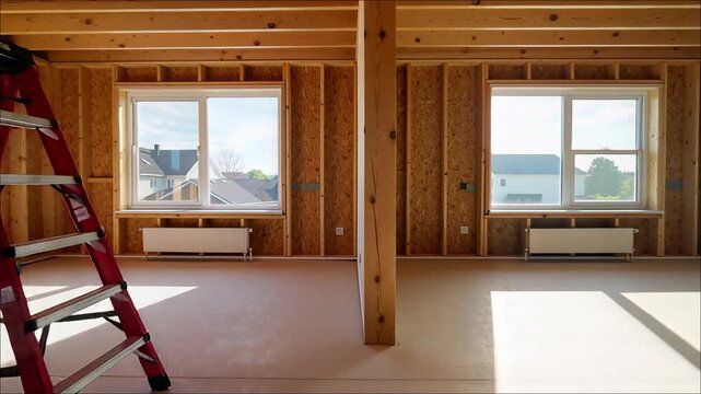 Unfinished interior room framing with exposed wooden studs floor joists windows and a step ladder