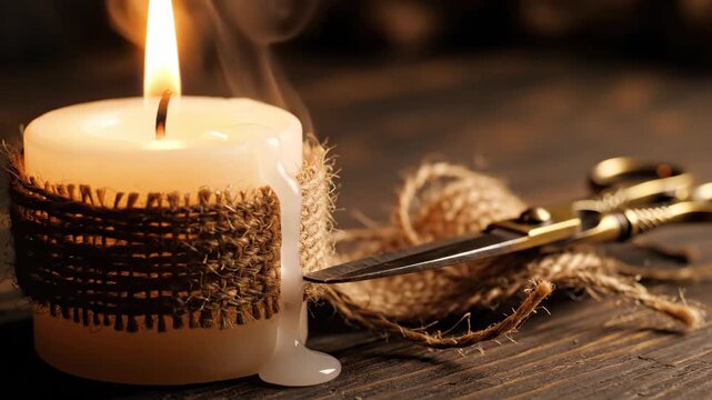 Candle Burning with Rustic Twine and Scissors Closeup